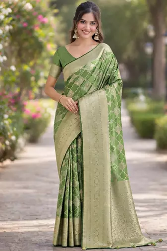 Mehendi silk blend banarasi saree with unstitched blouse piece