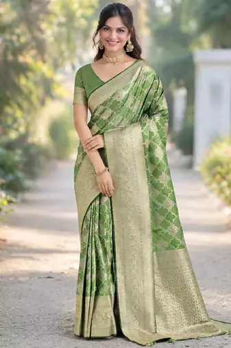 Mehendi silk blend banarasi saree with unstitched blouse piece