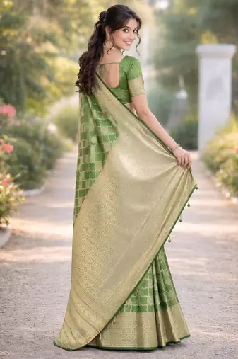 Mehendi silk blend banarasi saree with unstitched blouse piece