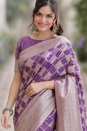 Purple soft silk banarasi jacuard work designer party wear saree with unstitched blouse piece