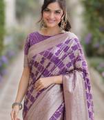 Purple silk blend banarasi saree with unstitched blouse piece