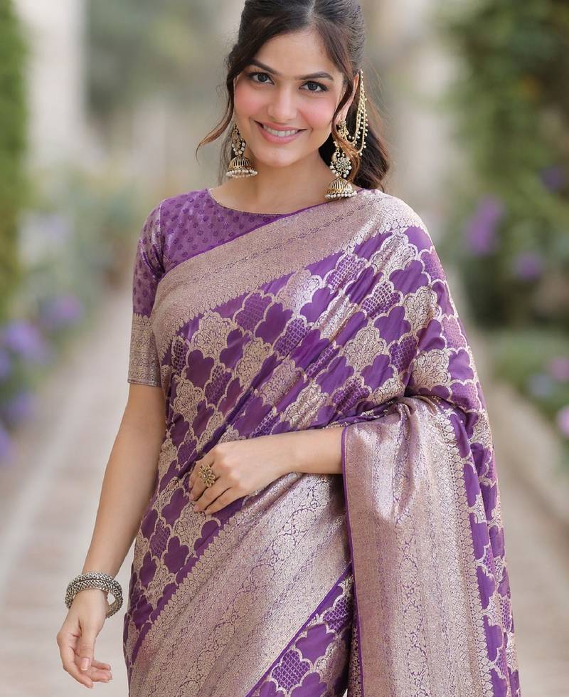 Purple soft silk banarasi jacuard work designer party wear saree with unstitched blouse piece
