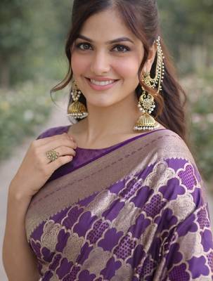 Purple silk blend banarasi saree with unstitched blouse piece 2