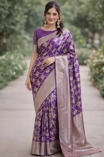 Purple silk blend banarasi saree with unstitched blouse piece