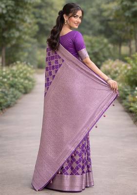 Purple silk blend banarasi saree with unstitched blouse piece 4