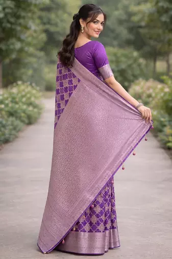 Purple silk blend banarasi saree with unstitched blouse piece