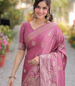 Onion pink silk blend banarasi saree with unstitched blouse piece