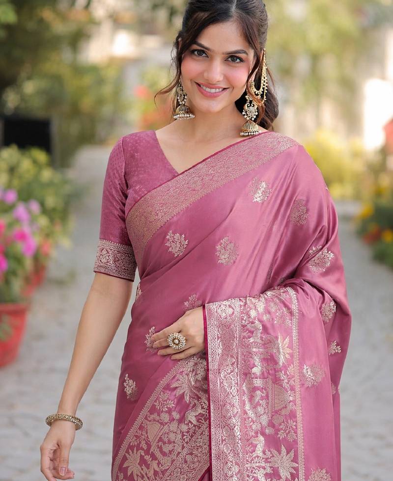 Onion pink soft silk banarasi jacuard work designer party wear saree with unstitched blouse piece