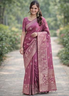 Onion pink silk blend banarasi saree with unstitched blouse piece 3