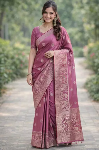 Onion pink silk blend banarasi saree with unstitched blouse piece