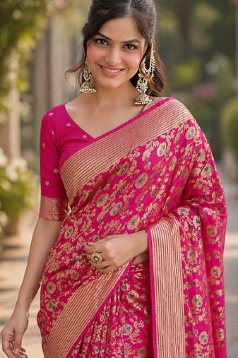Pink soft silk banarasi jacuard work designer party wear saree with unstitched blouse piece