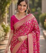 Pink silk blend banarasi saree with unstitched blouse piece