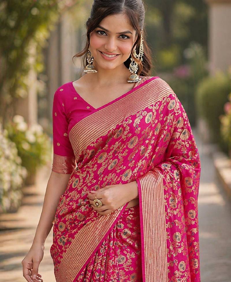 Pink soft silk banarasi jacuard work designer party wear saree with unstitched blouse piece