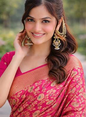 Pink silk blend banarasi saree with unstitched blouse piece 2
