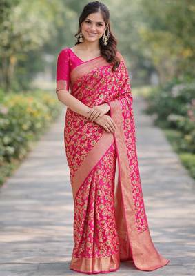 Pink silk blend banarasi saree with unstitched blouse piece 3