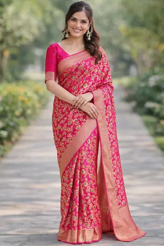 Pink silk blend banarasi saree with unstitched blouse piece
