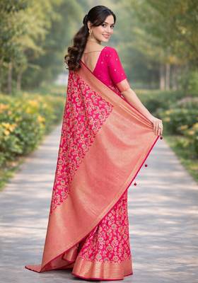 Pink silk blend banarasi saree with unstitched blouse piece 4