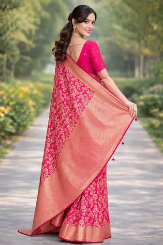 Pink silk blend banarasi saree with unstitched blouse piece