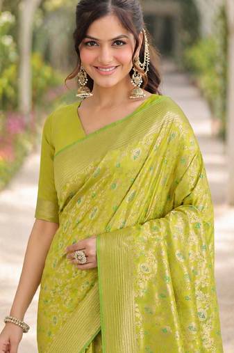 Parrot green silk blend banarasi saree with unstitched blouse piece