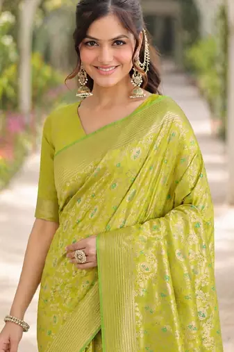 Parrot green soft silk banarasi jacuard work designer party wear saree with unstitched blouse piece