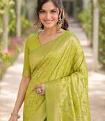 Parrot green silk blend banarasi saree with unstitched blouse piece