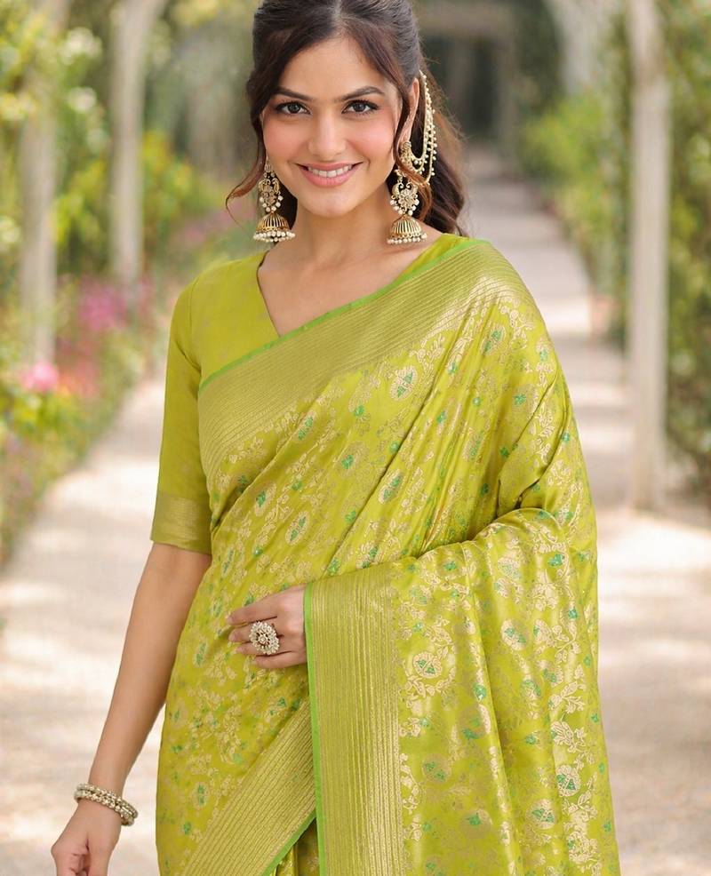 Parrot green soft silk banarasi jacuard work designer party wear saree with unstitched blouse piece