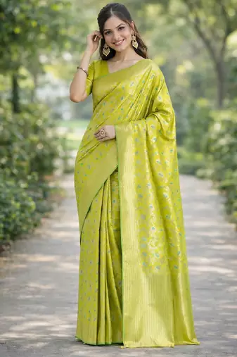Parrot green silk blend banarasi saree with unstitched blouse piece