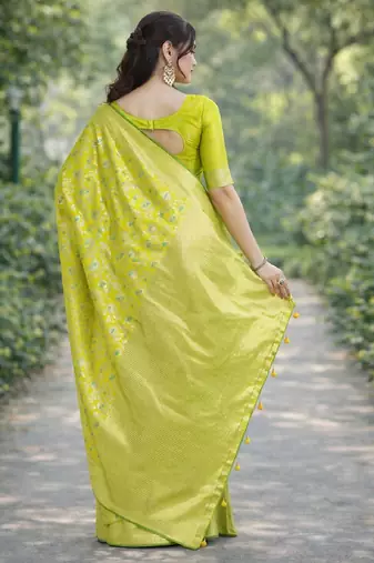 Parrot green silk blend banarasi saree with unstitched blouse piece
