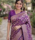 Wine soft silk banarasi jacuard work designer party wear saree with unstitched blouse piece