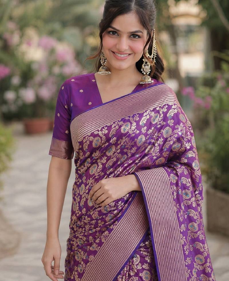Wine soft silk banarasi jacuard work designer party wear saree with unstitched blouse piece