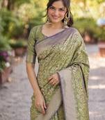 Pista silk blend banarasi saree with unstitched blouse piece