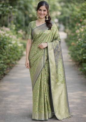 Pista silk blend banarasi saree with unstitched blouse piece 3