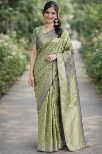 Pista silk blend banarasi saree with unstitched blouse piece