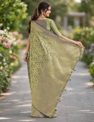 Pista silk blend banarasi saree with unstitched blouse piece 4