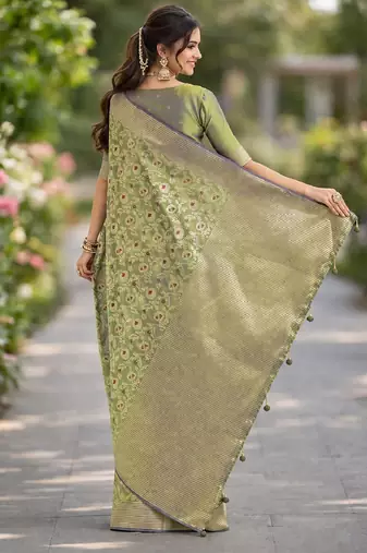 Pista silk blend banarasi saree with unstitched blouse piece