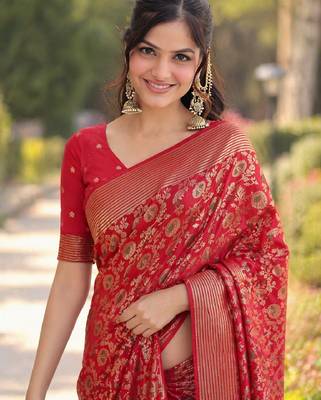 Red silk blend banarasi saree with unstitched blouse piece 1