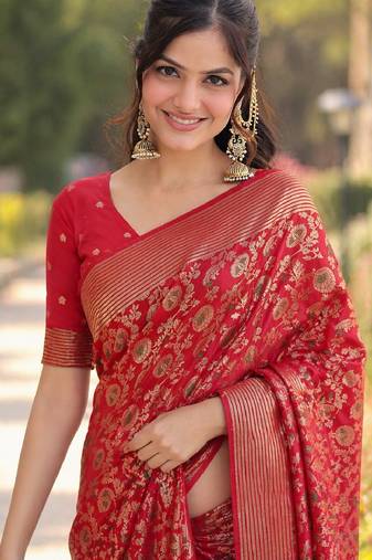 Red soft silk banarasi jacuard work designer party wear saree with unstitched blouse piece
