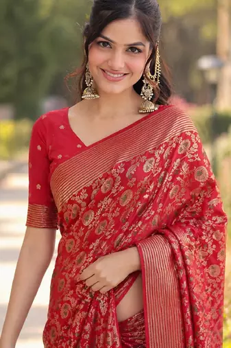 Red soft silk banarasi jacuard work designer party wear saree with unstitched blouse piece