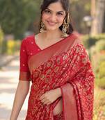 Red silk blend banarasi saree with unstitched blouse piece