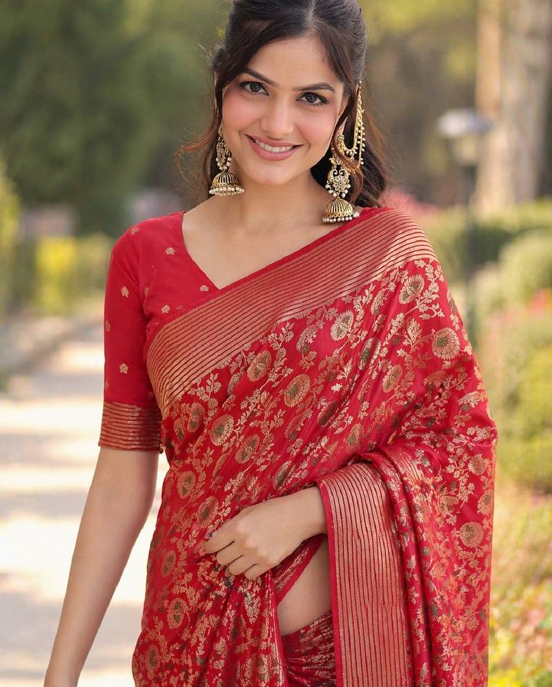 Red soft silk banarasi jacuard work designer party wear saree with unstitched blouse piece