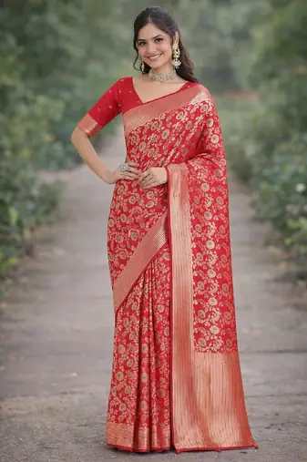 Red silk blend banarasi saree with unstitched blouse piece