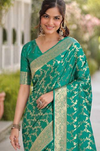 Rama soft silk banarasi jacuard work designer party wear saree with unstitched blouse piece