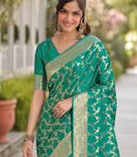 Rama silk blend banarasi saree with unstitched blouse piece