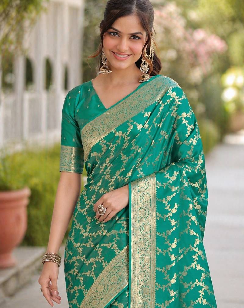 Rama soft silk banarasi jacuard work designer party wear saree with unstitched blouse piece