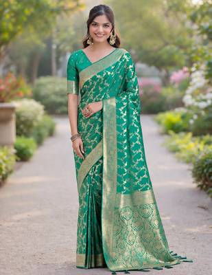 Rama silk blend banarasi saree with unstitched blouse piece 3