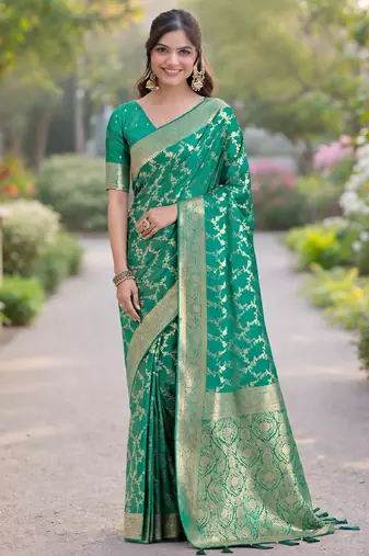 Rama silk blend banarasi saree with unstitched blouse piece