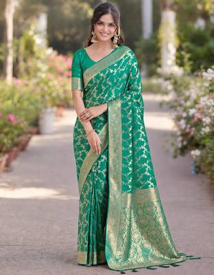 Rama silk blend banarasi saree with unstitched blouse piece 4