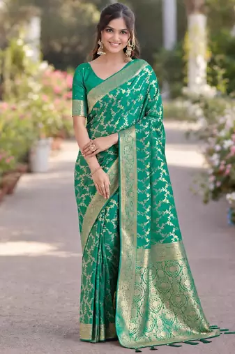 Rama silk blend banarasi saree with unstitched blouse piece