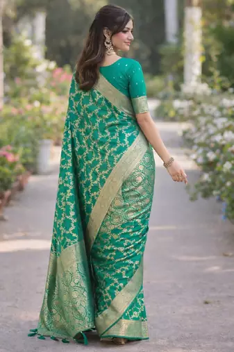 Rama silk blend banarasi saree with unstitched blouse piece