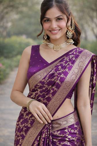 Wine soft silk banarasi jacuard work designer party wear saree with unstitched blouse piece